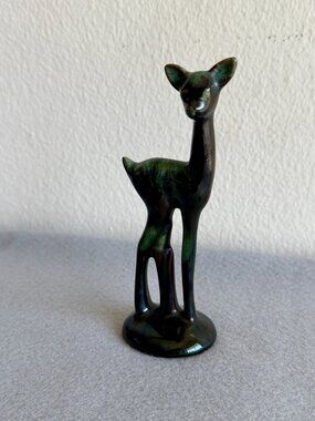 Ceramic Green Glazed Deer Figurine Mid-Century Modern Collectible 5.5 Inches Tal